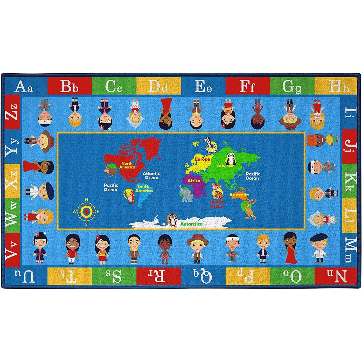 Booooom Jackson Small Classroom Rug Colorful World Map Classroom Carpet Area Rug with Non-Slip Backing School Classroom Alphabet Rug Elementary