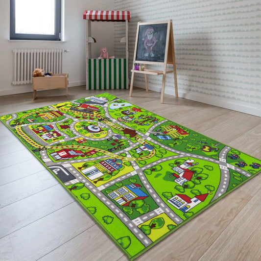 Kids City Town Play Rug 59x31" Road and Train Track Rug for Driving Toy Cars on Children Educational Road Traffic Themed Play Mat Non-Slip Backing Daycare Nursery Preschool Playroom Rug 02