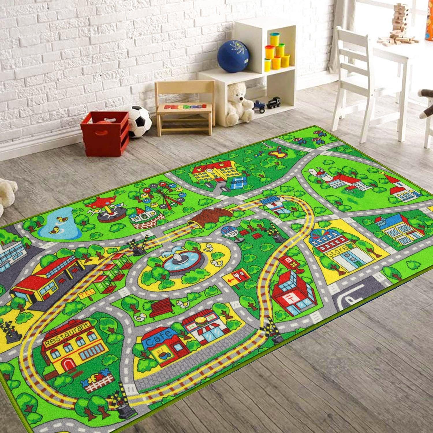 Kids City Town Play Rug 59x31" Road and Train Track Rug for Driving Toy Cars on Children Educational Road Traffic Themed Play Mat Non-Slip Backing Daycare Nursery Preschool Playroom Rug 01