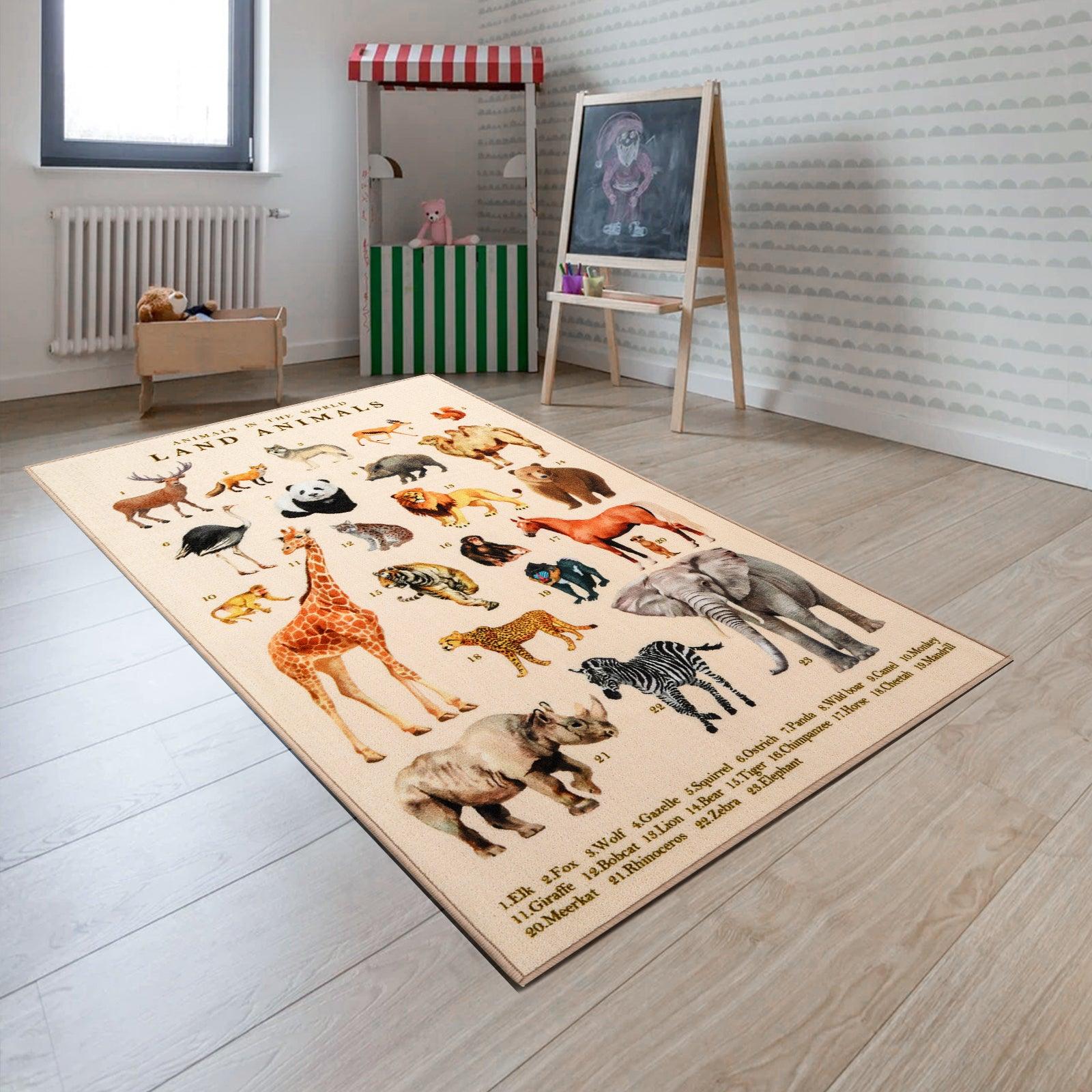 Kids Play Rug 3D Animals Play Mat 59X39 Kids Area Rug Words Numbers Educational Rug for Nursery Classroom Bedroom Playroom 01