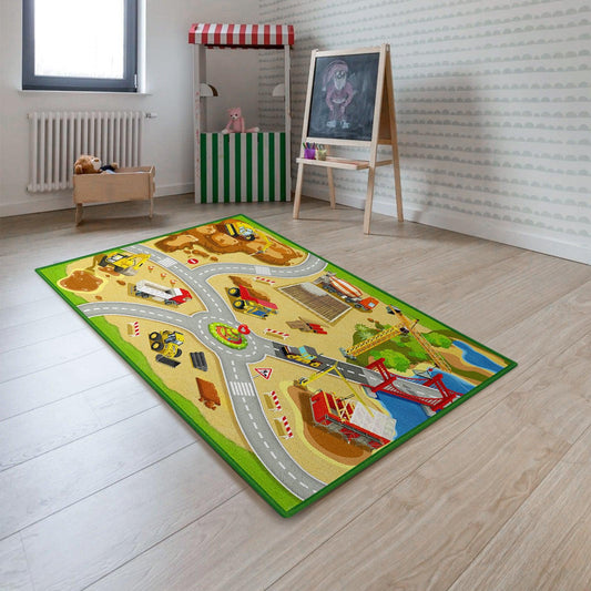 Kids Rug Construction Site Play Rug 39X59 Non-Slip Construction Vehicles Play Mat for Driving Toy Cars Daycare Nursery Preschool Playroom Kids Car Activity Carpet 01