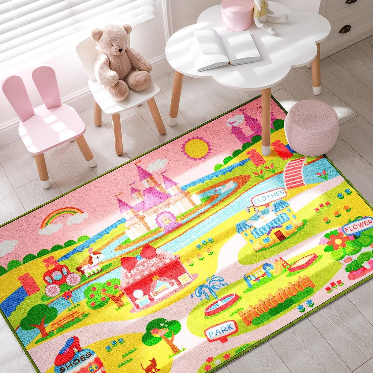 Booooom Jackson Kids City Park Rug 59x39”Pink Play Mat Children Educational Daycare Nursery Preschool Play Rug Non-Slip Backing Playroom Rug 01