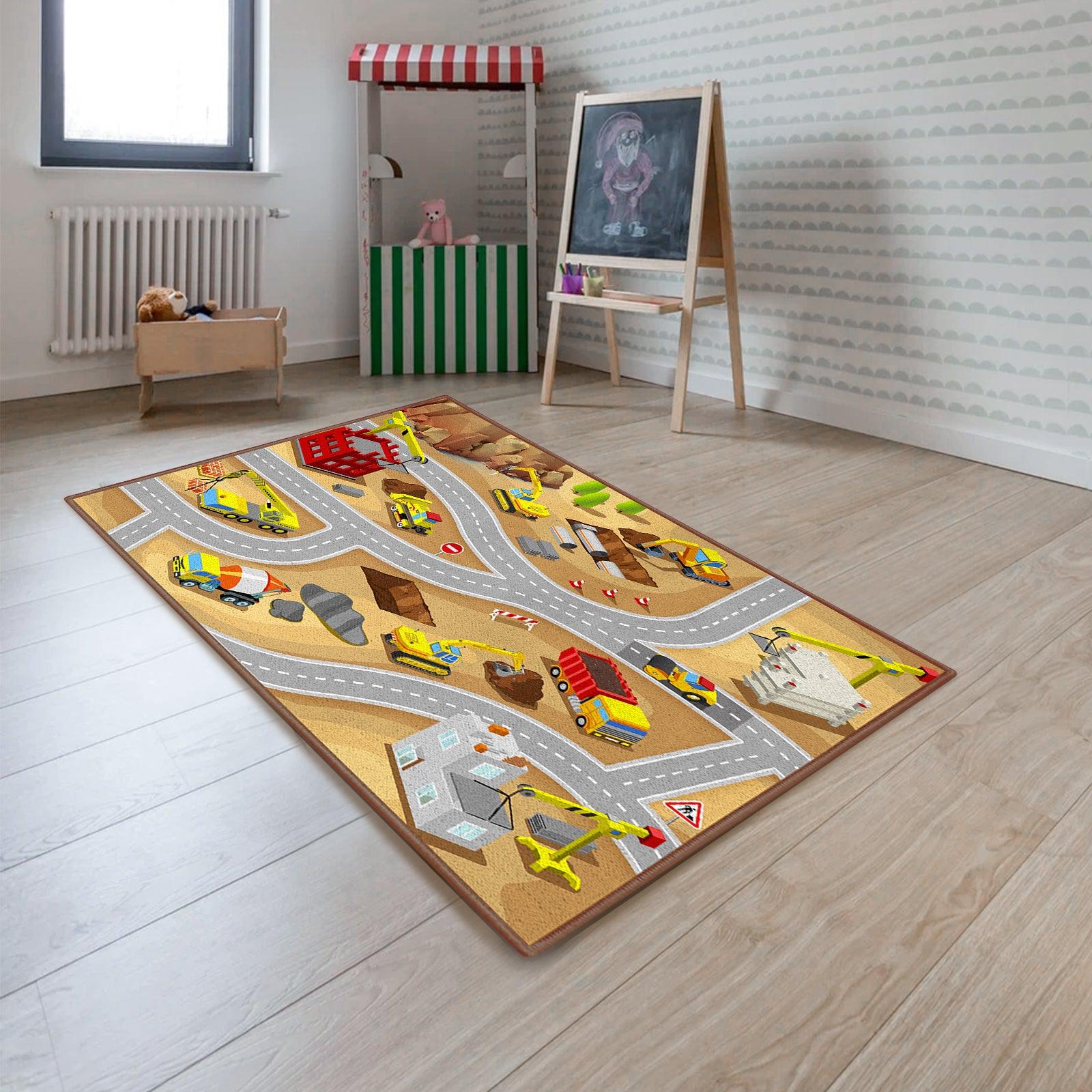 Construction Rug Play Mat 39X59,Non-Slip Kids Rug Construction Trucks Play Carpets for Cars Daycare Nursery Preschool Playroom Play Rug 01