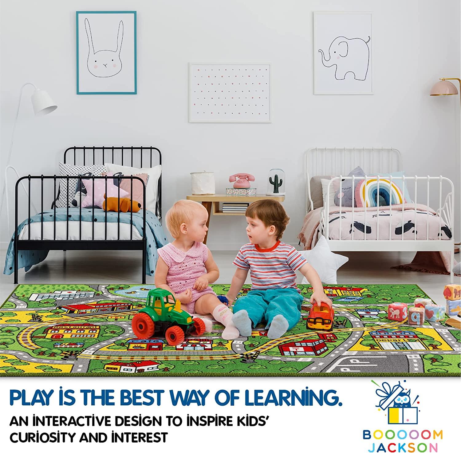 Booooom Jackson Kid Rug Carpet Playmat, Large Play Train Rug for Playroom, Bedroom, and Nursery Room, Kids Race Track Rug with Non-Slip Rubber Backing, 74”x51”, Multicolor